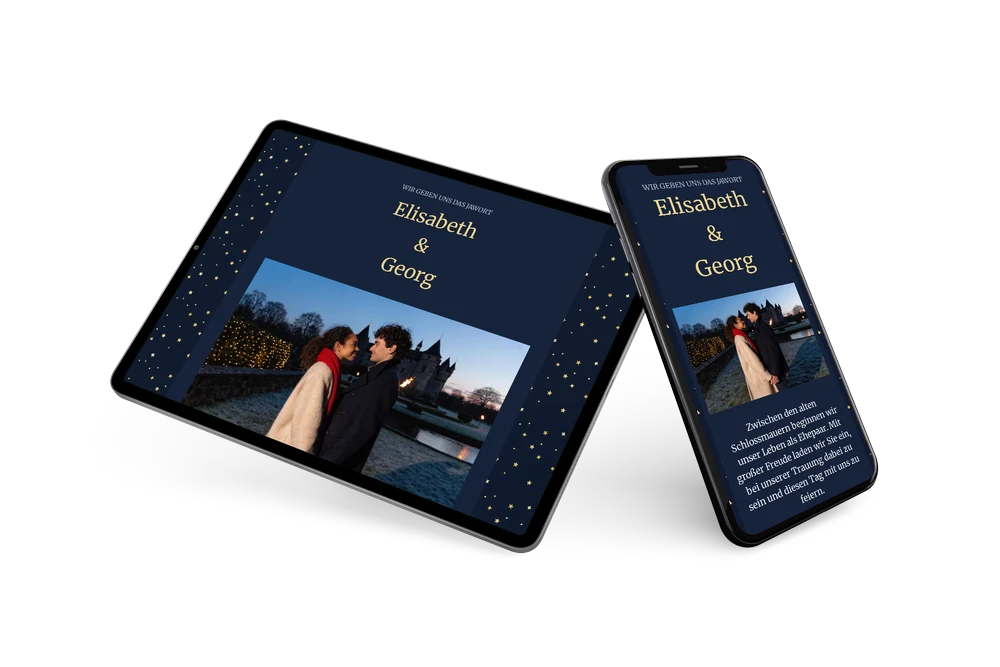 Hochzeitseinladung mit Winterschloss und Goldsternen versenden &ndash; example 2