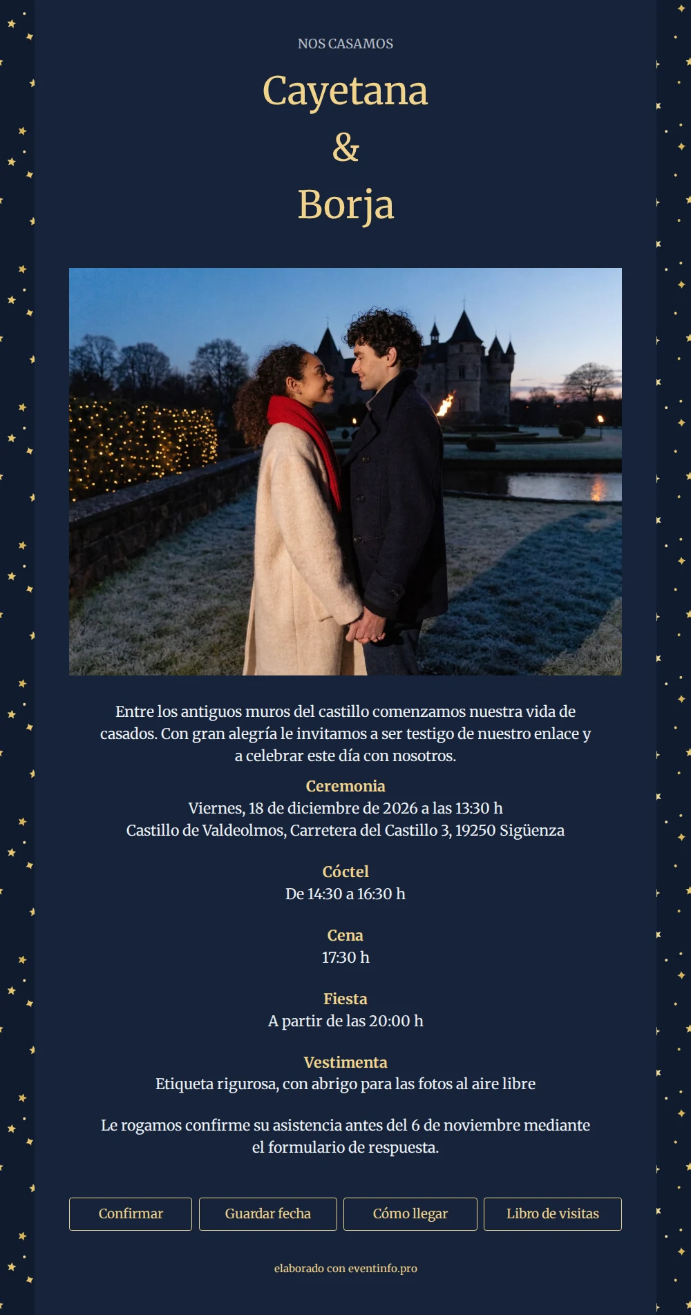 Enviar invitación con castillo y estrellas doradas &ndash; example 1