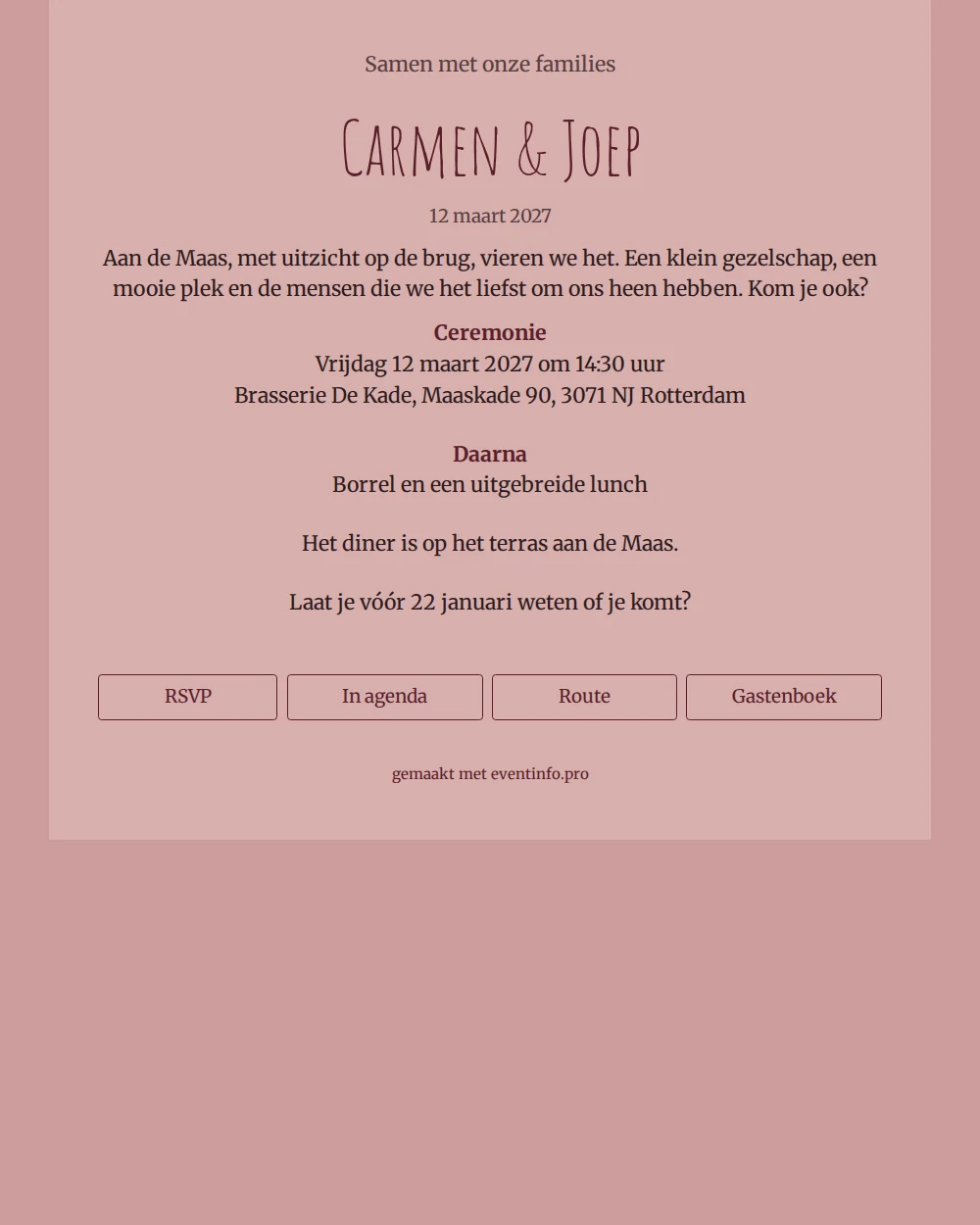 Poederroze trouwkaart voor kleine bruiloft versturen &ndash; example 1