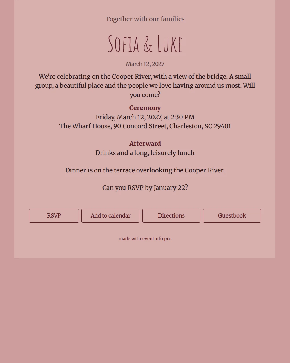 Send a rose-pink riverside wedding invitation &ndash; example 1