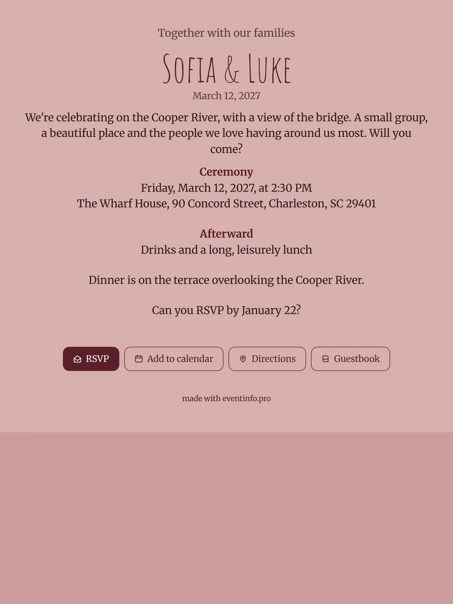 Send a rose-pink riverside wedding invitation