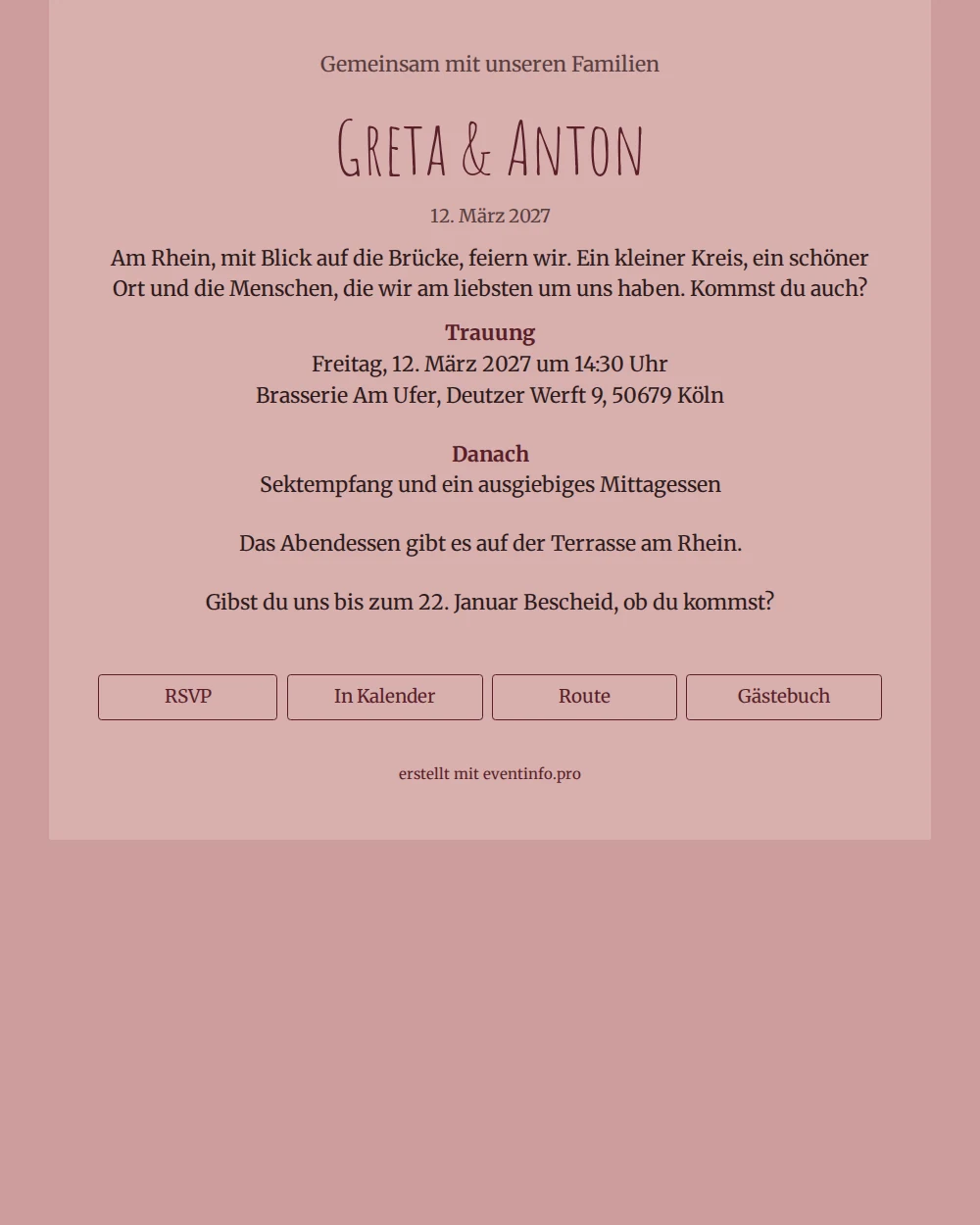 Rosa Hochzeitseinladung im kleinen Kreis versenden &ndash; example 1