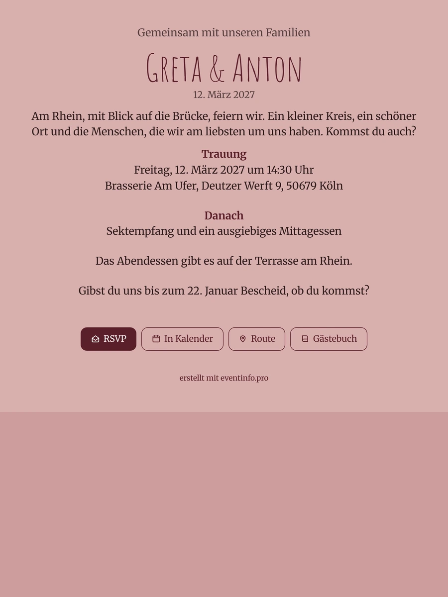 Rosa Hochzeitseinladung im kleinen Kreis versenden