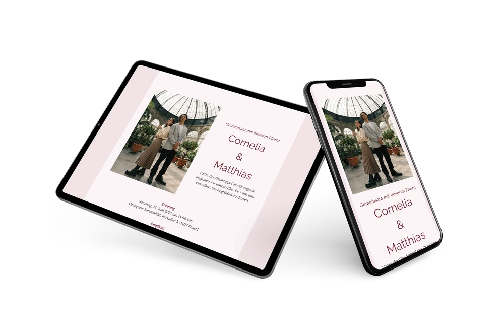 Hochzeitseinladung mit Orangeriefoto und Büttenpapier versenden &ndash; example 2