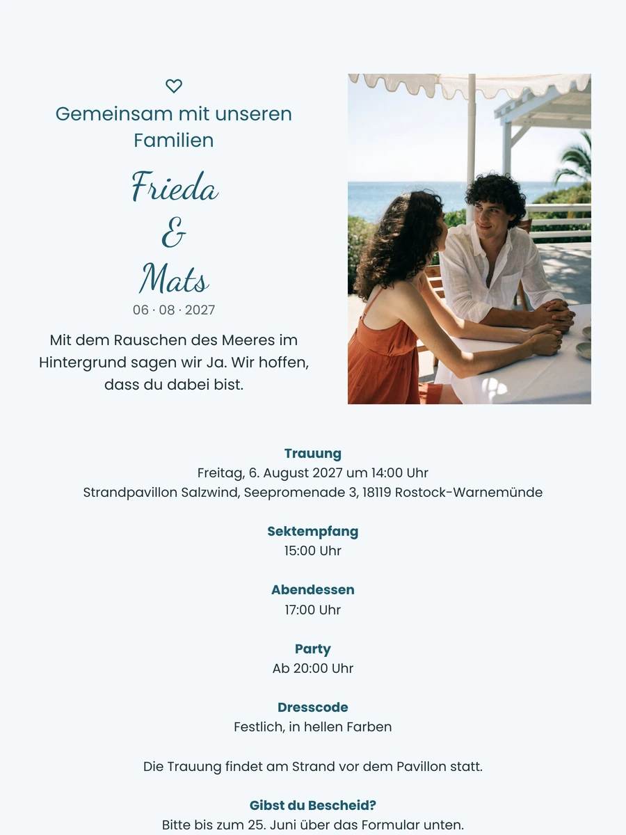 Hochzeitseinladung mit Terrassenfoto am Meer versenden