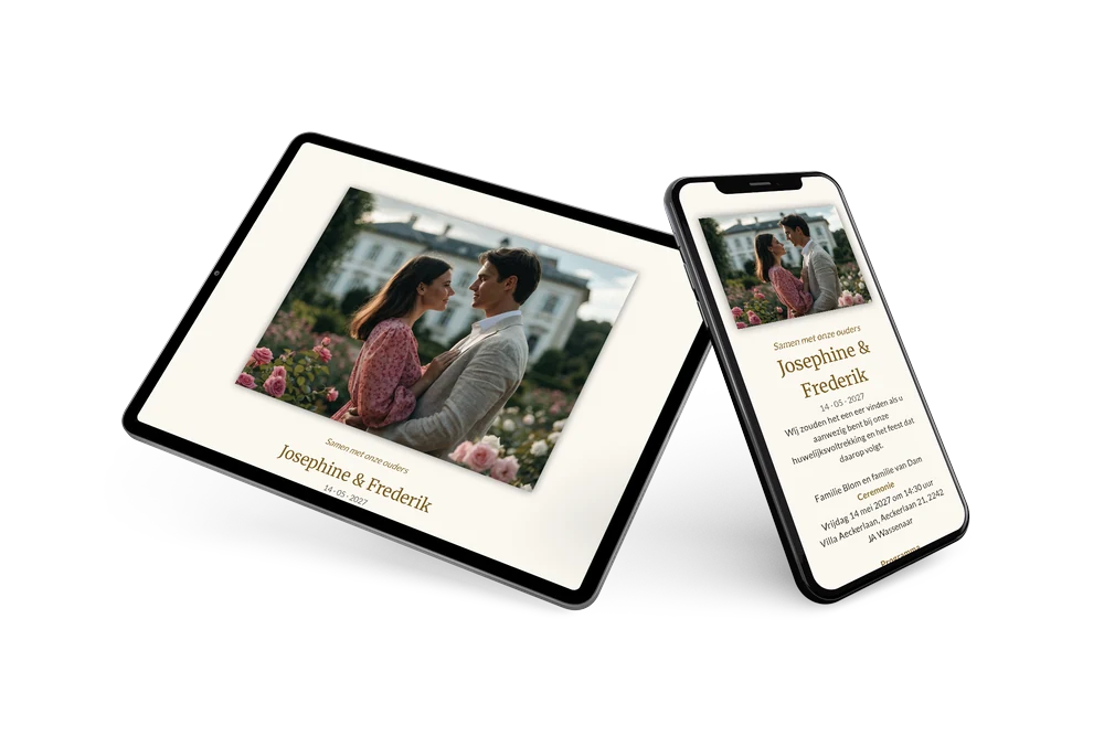 Formele trouwkaart met landhuis en rozen versturen &ndash; example 2