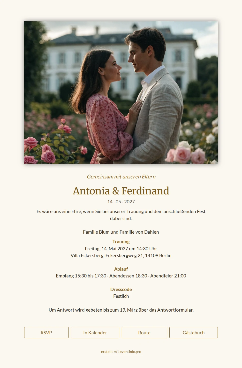 Formelle Hochzeitseinladung mit Landhaus und Rosen versenden &ndash; example 1