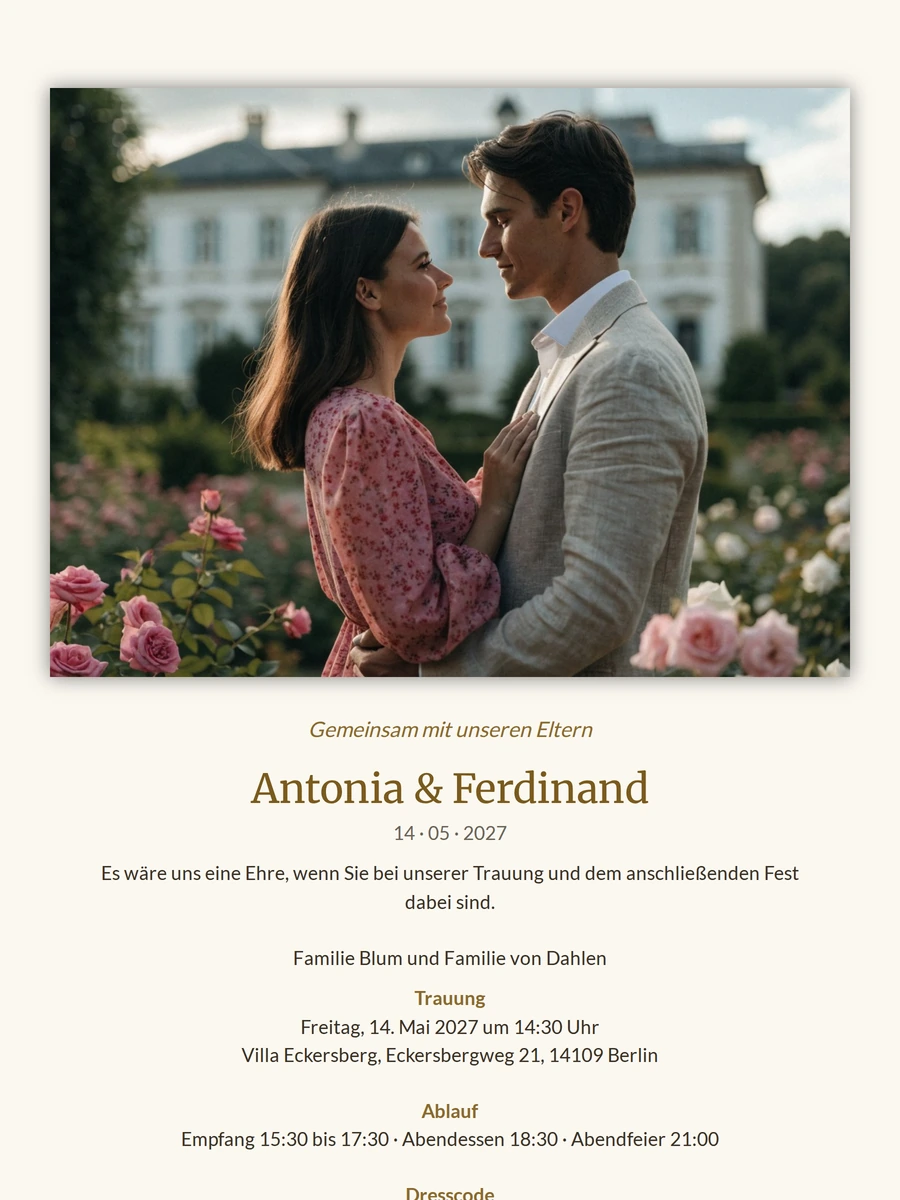Formelle Hochzeitseinladung mit Landhaus und Rosen versenden