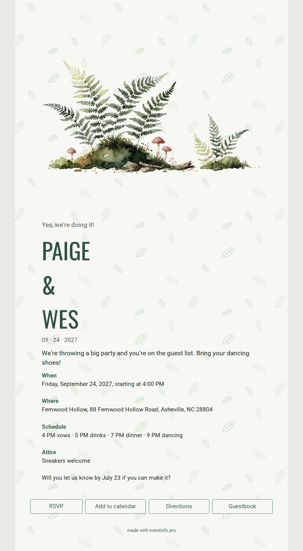 Send a green leaf-pattern wedding invitation &ndash; example 1
