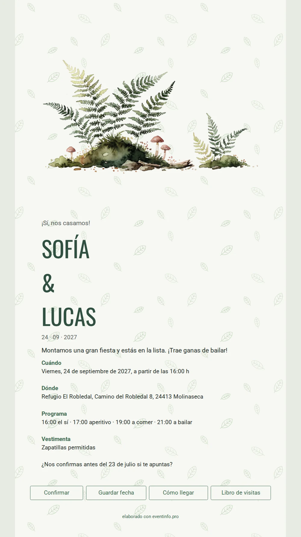 Enviar invitación de boda verde con hojas &ndash; example 1