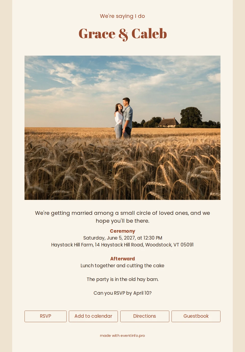 Send a rust-red barn wedding invitation &ndash; example 1