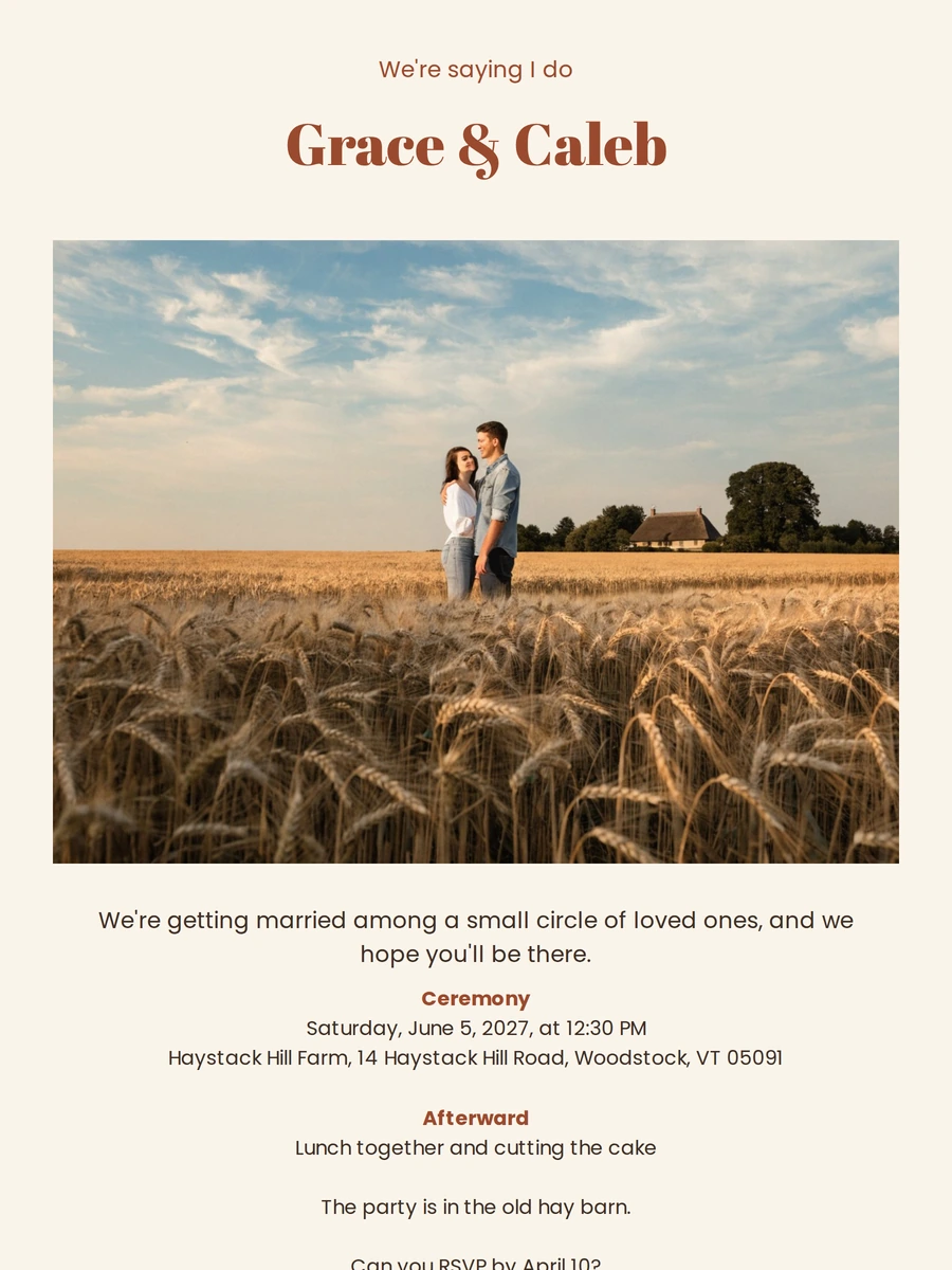 Send a rust-red barn wedding invitation