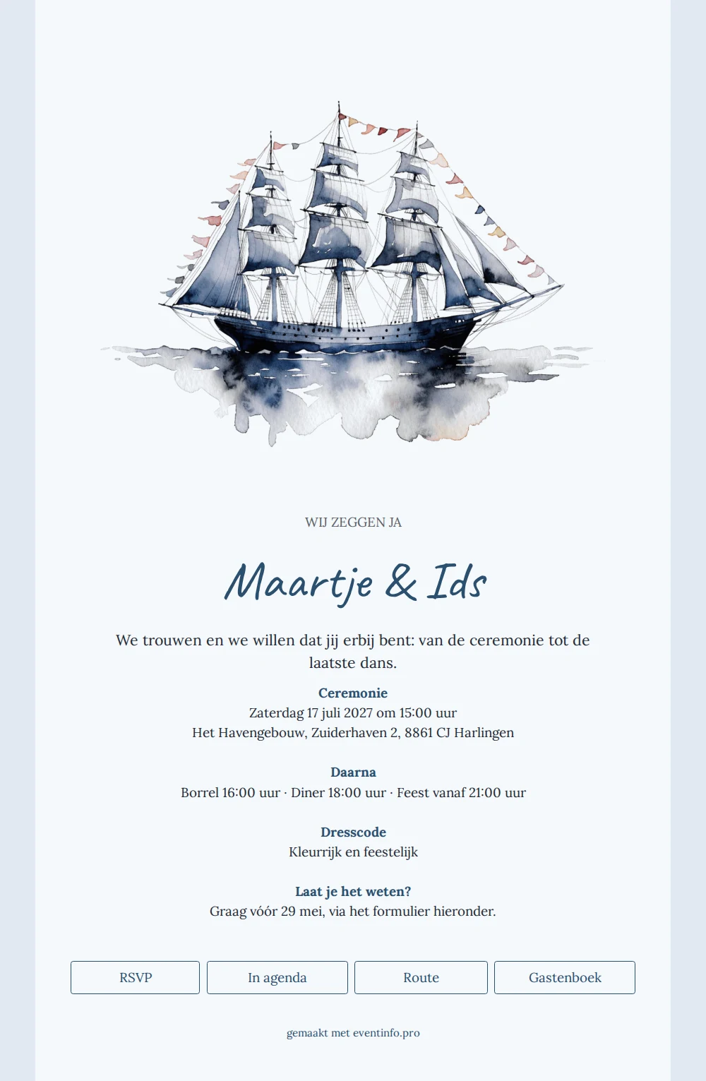 Trouwkaart met zeilschip en blauwe schrijfletter versturen &ndash; example 1