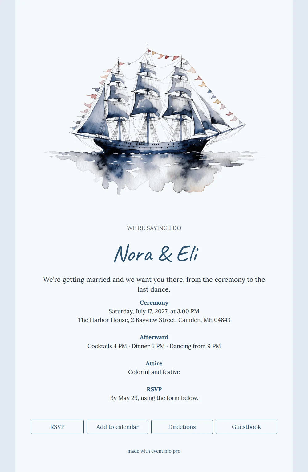 Send a sailing ship wedding invitation &ndash; example 1