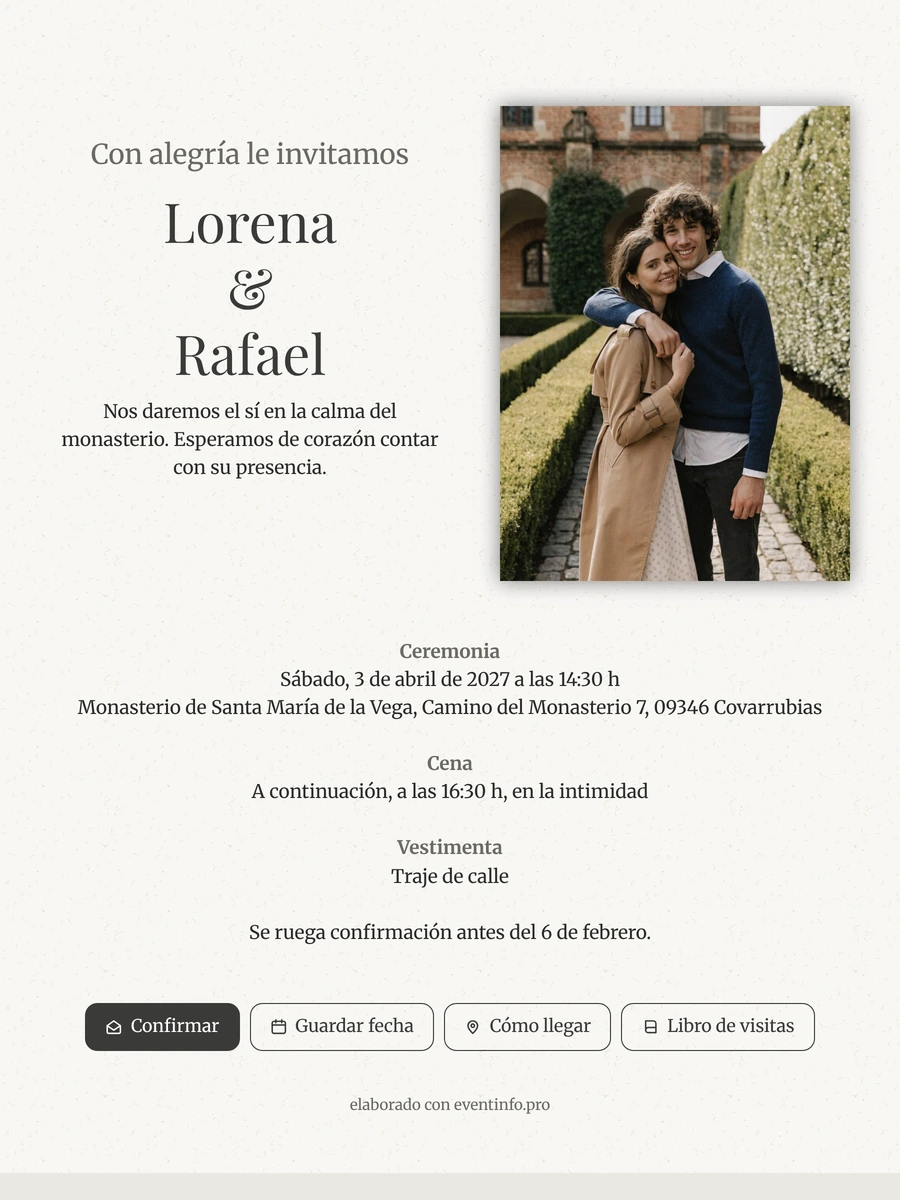 Enviar invitación de boda blanca de estilo monástico