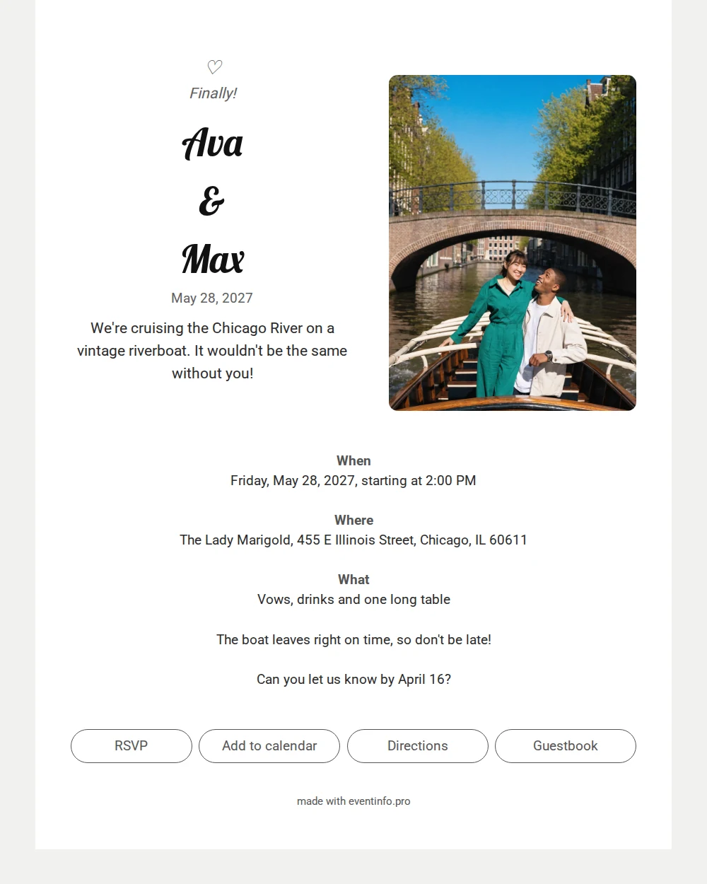 Send a white riverboat wedding invitation &ndash; example 1