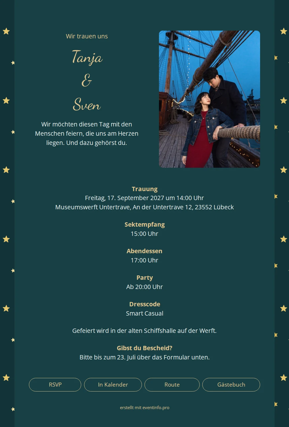 Petrolgrüne Hochzeitseinladung mit Goldsternen versenden &ndash; example 1
