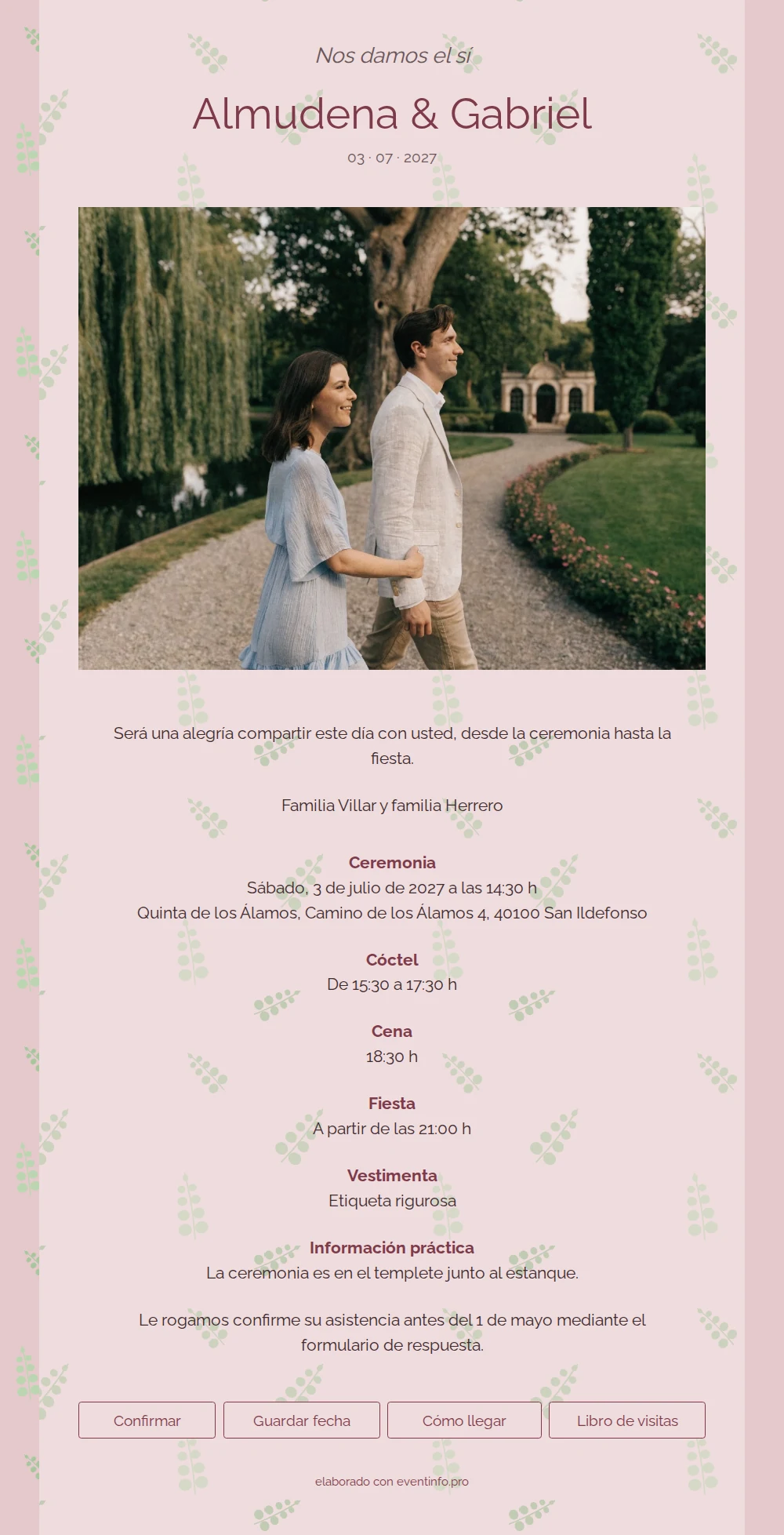 Invitación de boda con paseo en jardín &ndash; example 1