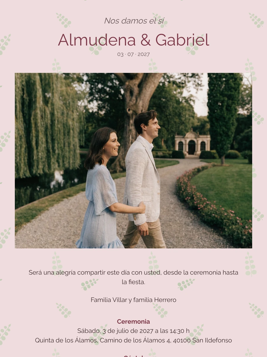Invitación de boda con paseo en jardín