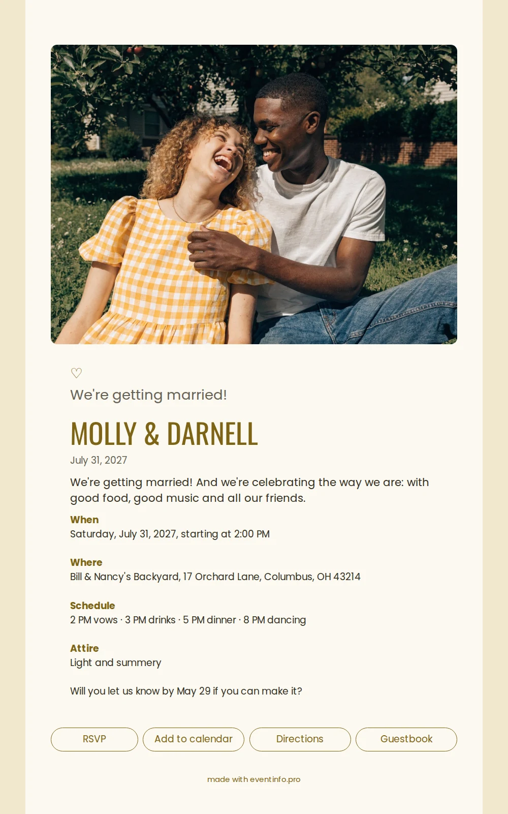 Send an ochre wedding card with photo &ndash; example 1