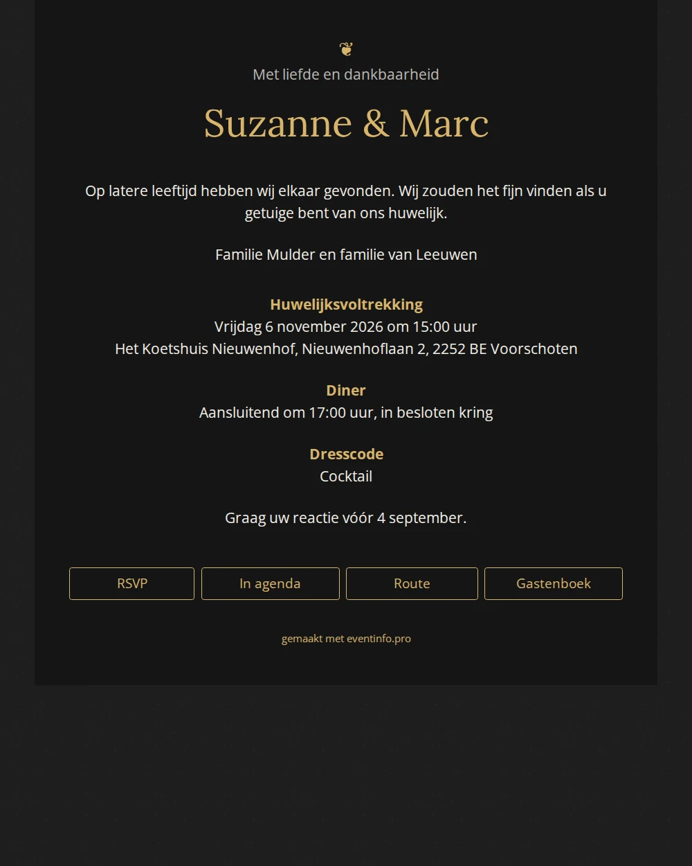 Zwart-gouden trouwkaart met sierkrul versturen &ndash; example 1