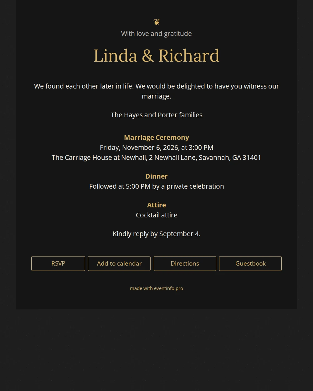 Black wedding card with gold ornament &ndash; example 1