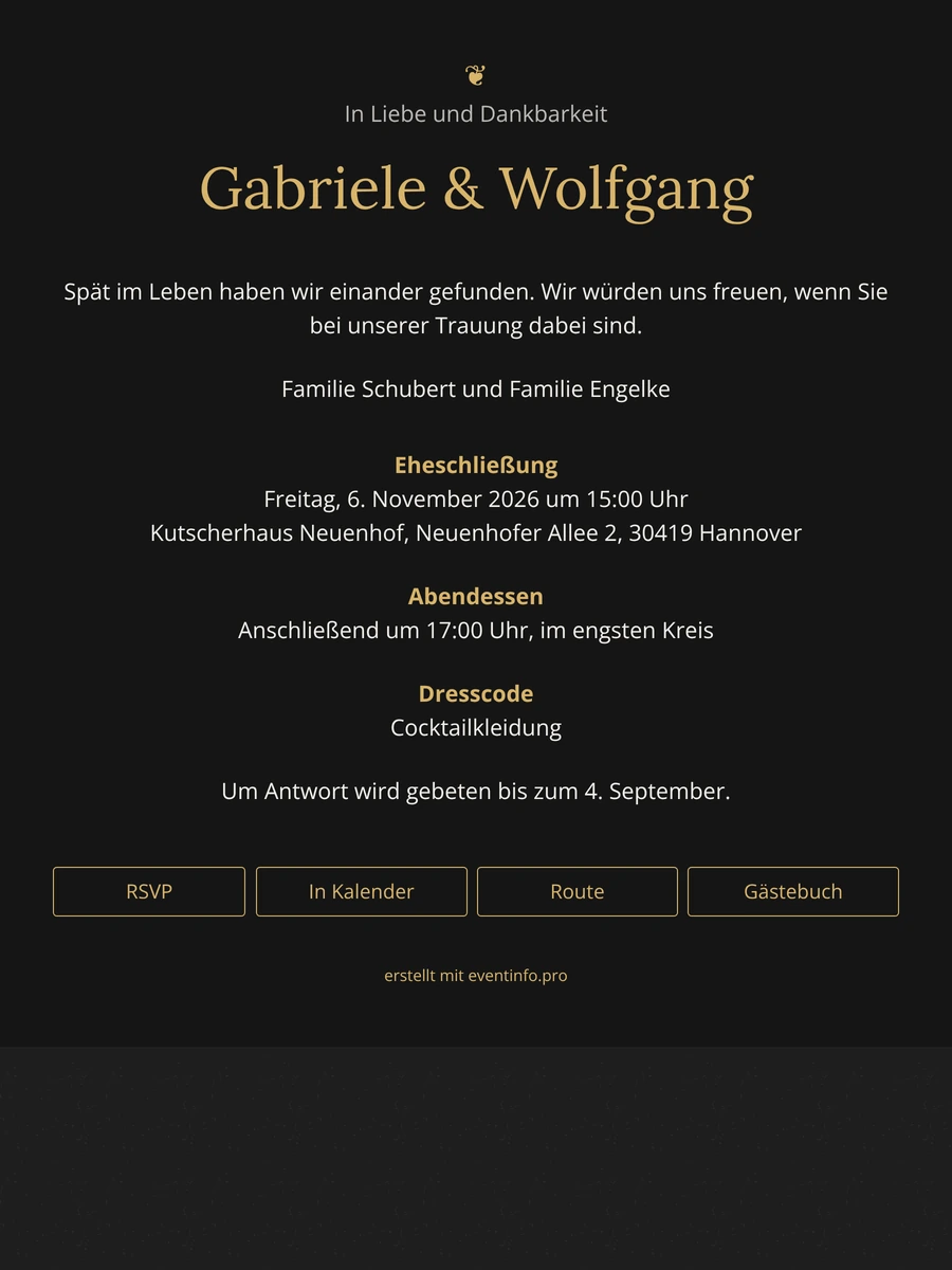 Schwarze Hochzeitseinladung mit Goldornament versenden