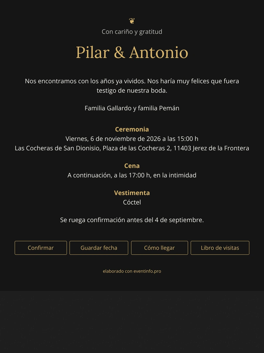 Enviar invitación de boda con ornamento dorado