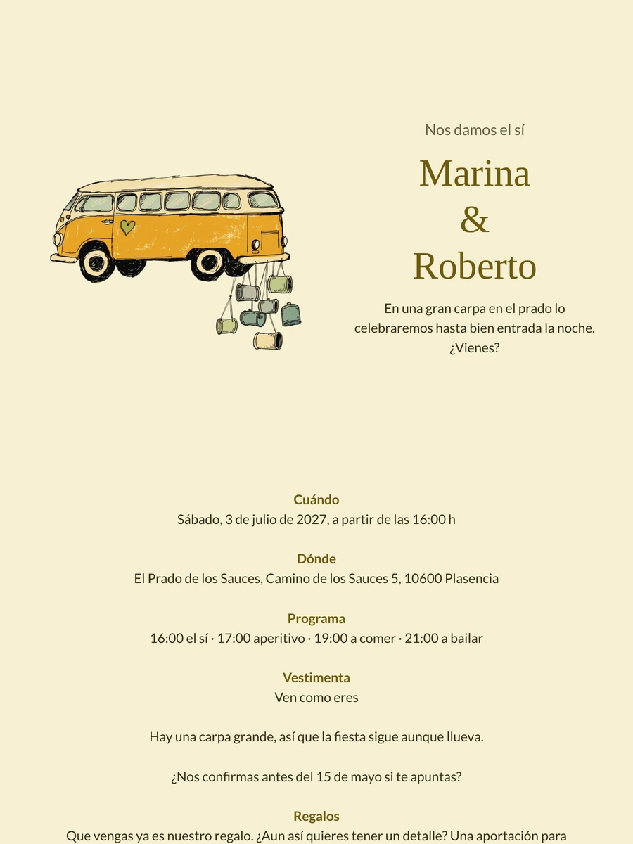 Enviar invitación de boda con furgoneta dibujada
