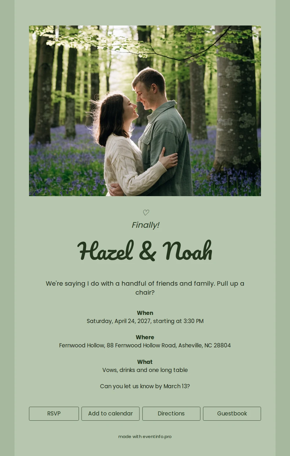 Green wedding card with forest couple photo &ndash; example 1