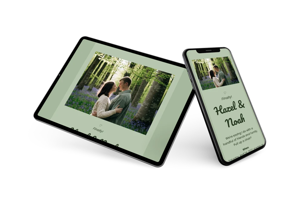 Green wedding card with forest couple photo &ndash; example 2