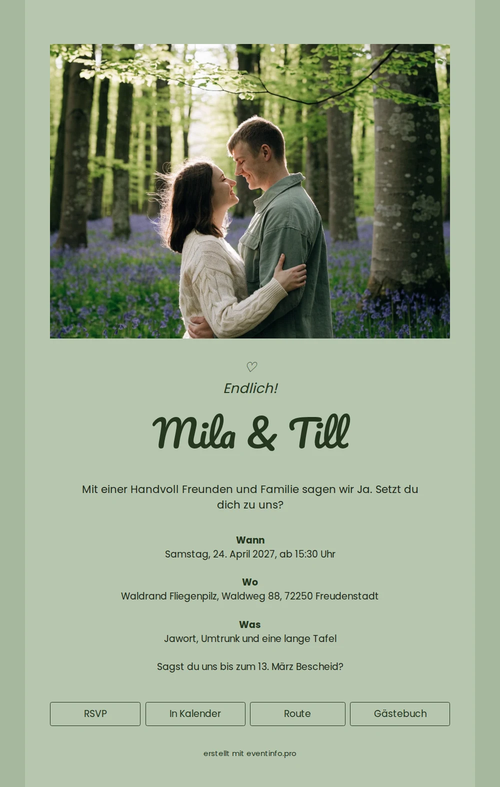 Grüne Hochzeitseinladung mit Paar im Wald &ndash; example 1