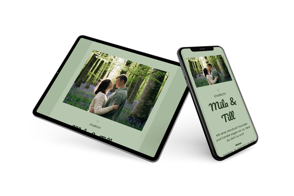 Grüne Hochzeitseinladung mit Paar im Wald &ndash; example 2