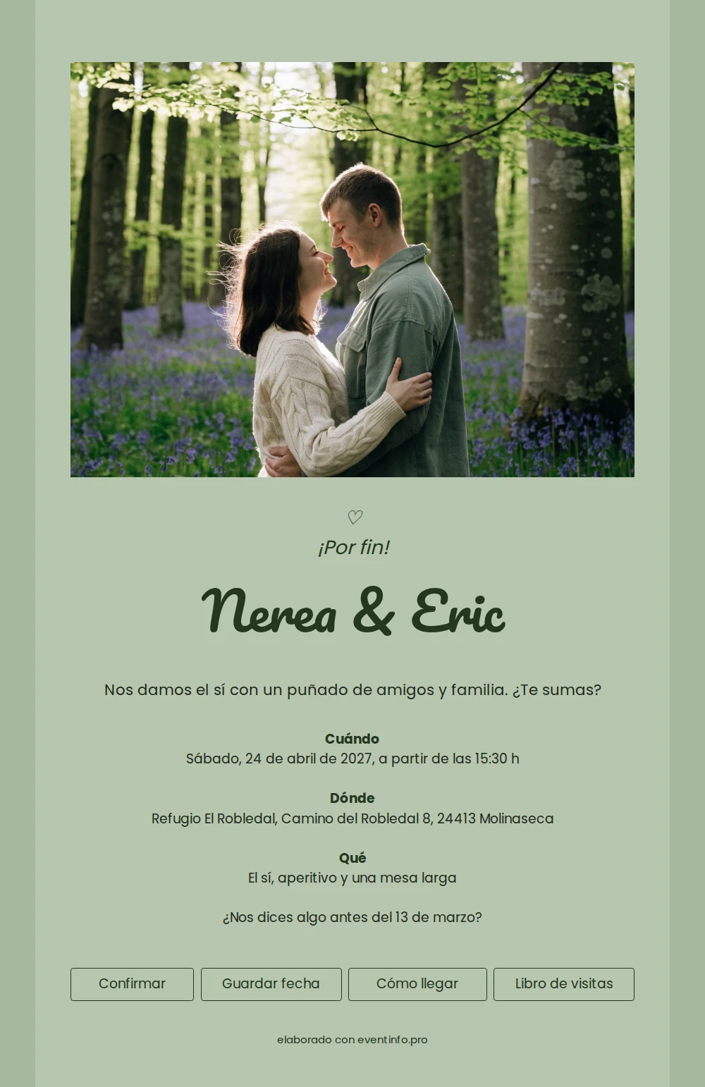 Invitación verde salvia con foto de pareja &ndash; example 1