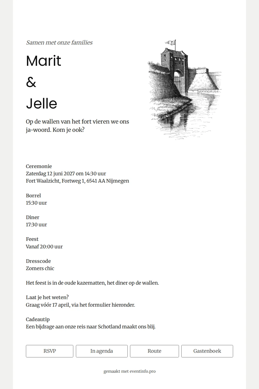 Witte trouwkaart met lijntekening van fort &ndash; example 1