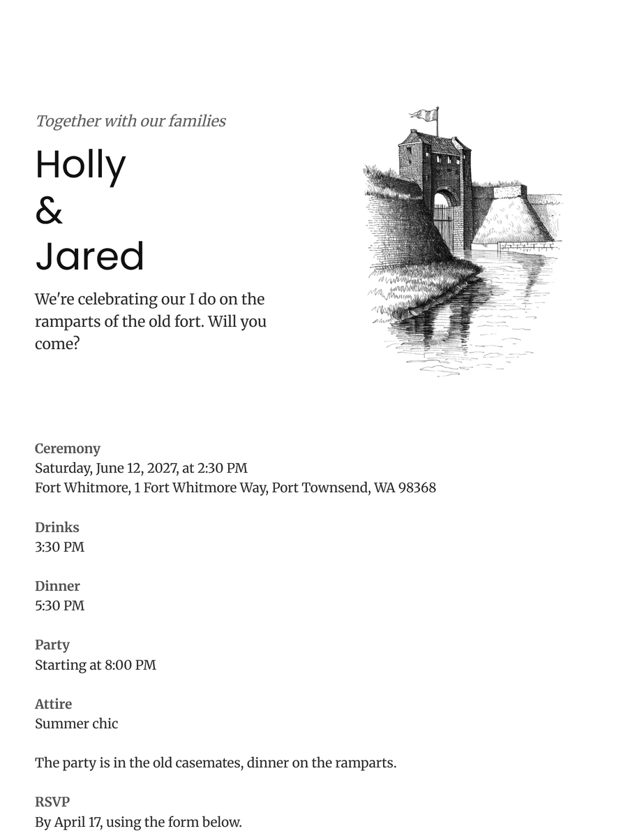White wedding card with fort line drawing
