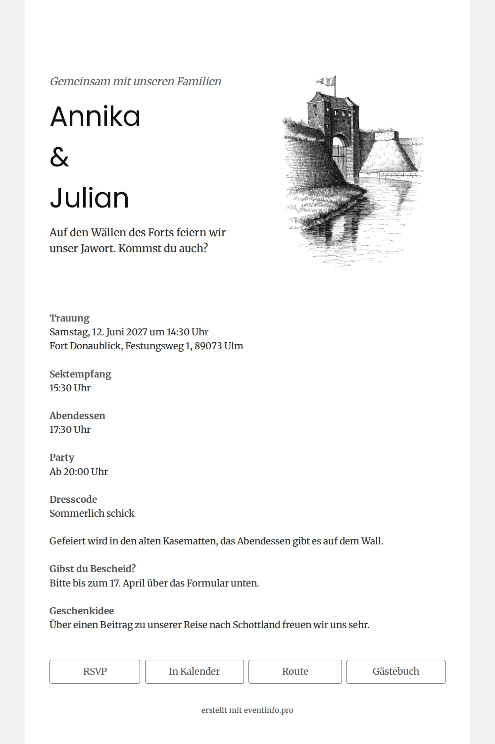 Weiße Hochzeitseinladung mit Fort als Strichzeichnung &ndash; example 1