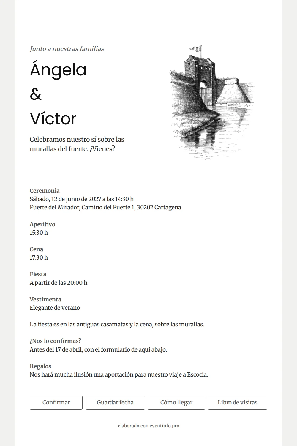 Invitación blanca con dibujo de un fuerte &ndash; example 1