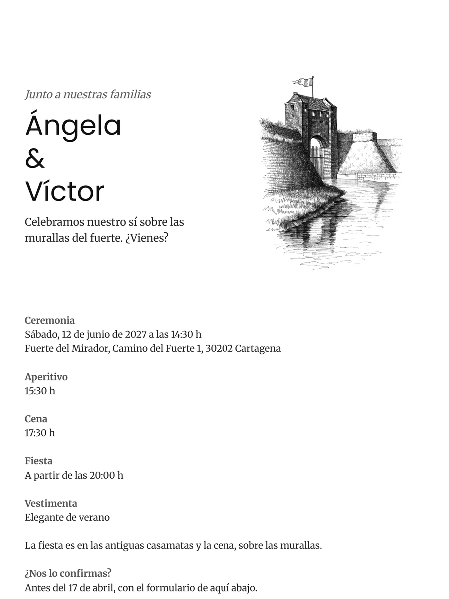Invitación blanca con dibujo de un fuerte