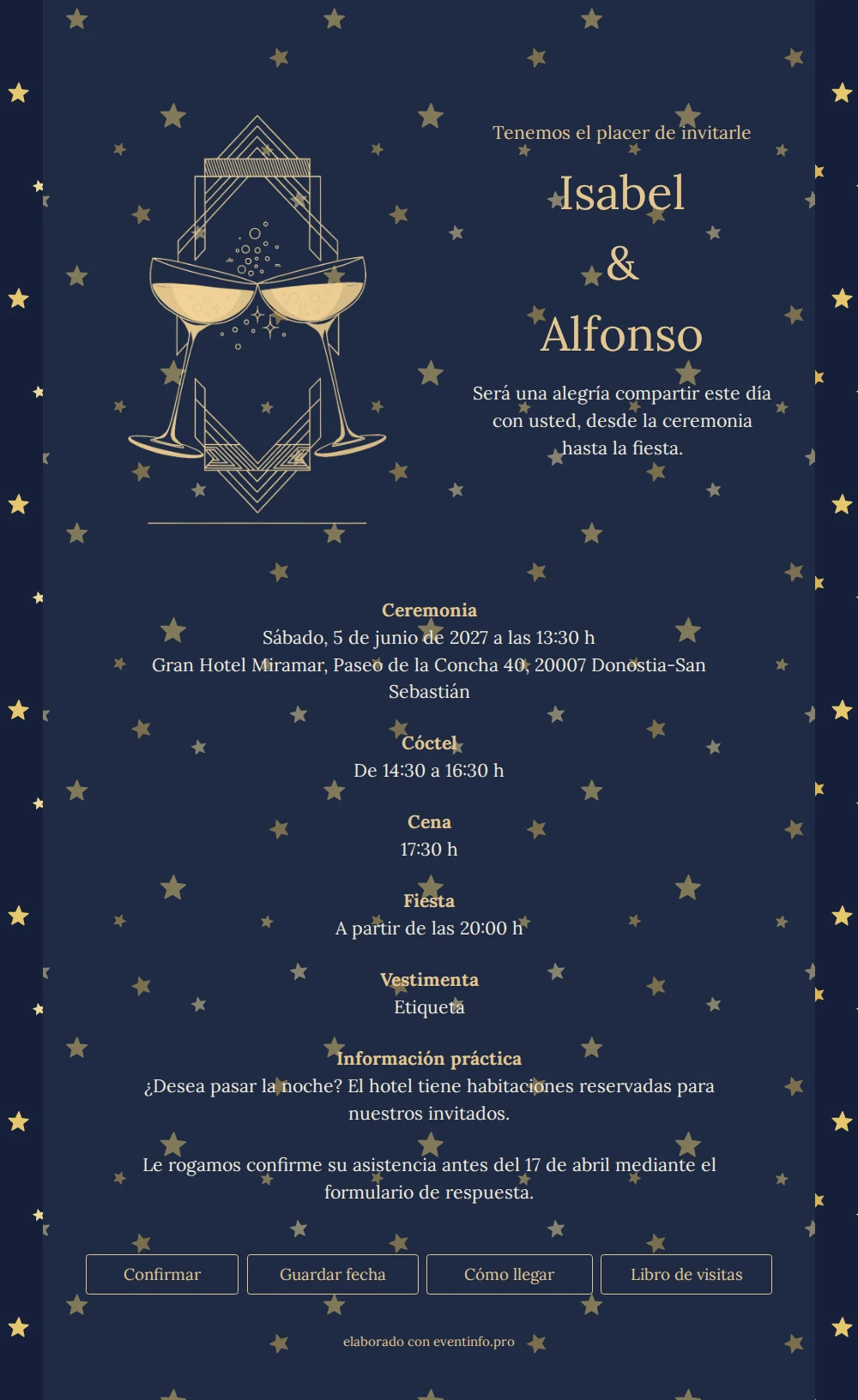 Crear invitación de boda azul y dorada &ndash; example 1