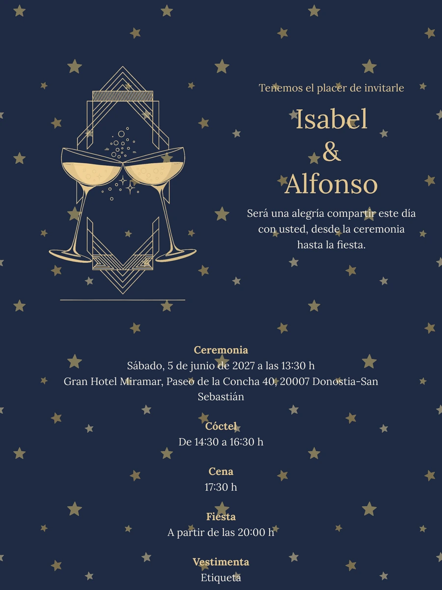 Crear invitación de boda azul y dorada