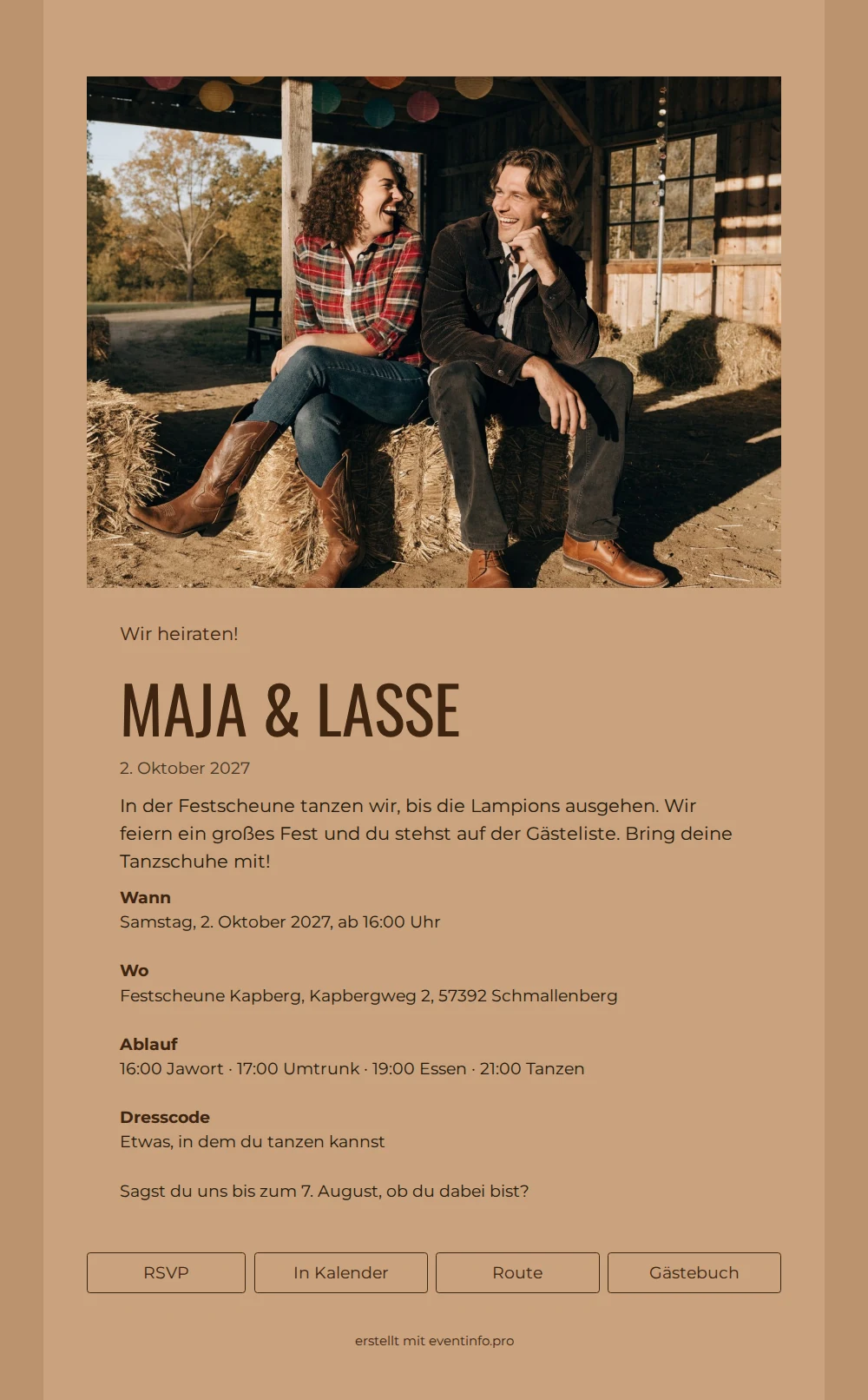 Karamellbraune Hochzeitseinladung für Scheunenfeste erstellen &ndash; example 1