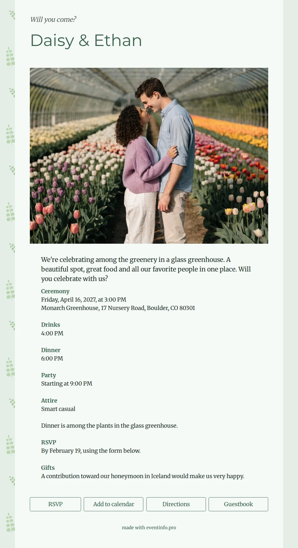 Mint and eucalyptus invitation with tulip photo &ndash; example 1