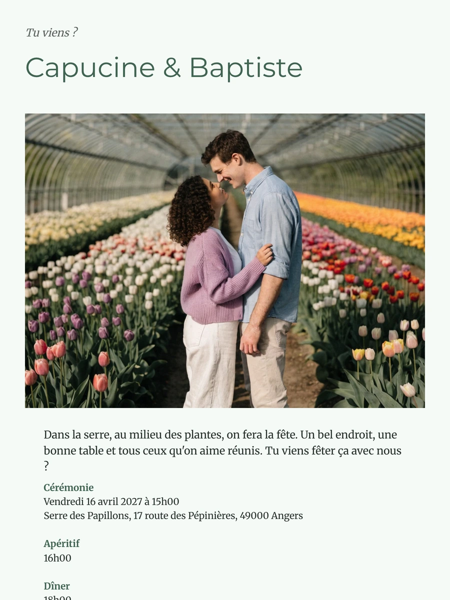 Faire-part blanc menthe, couple parmi les tulipes