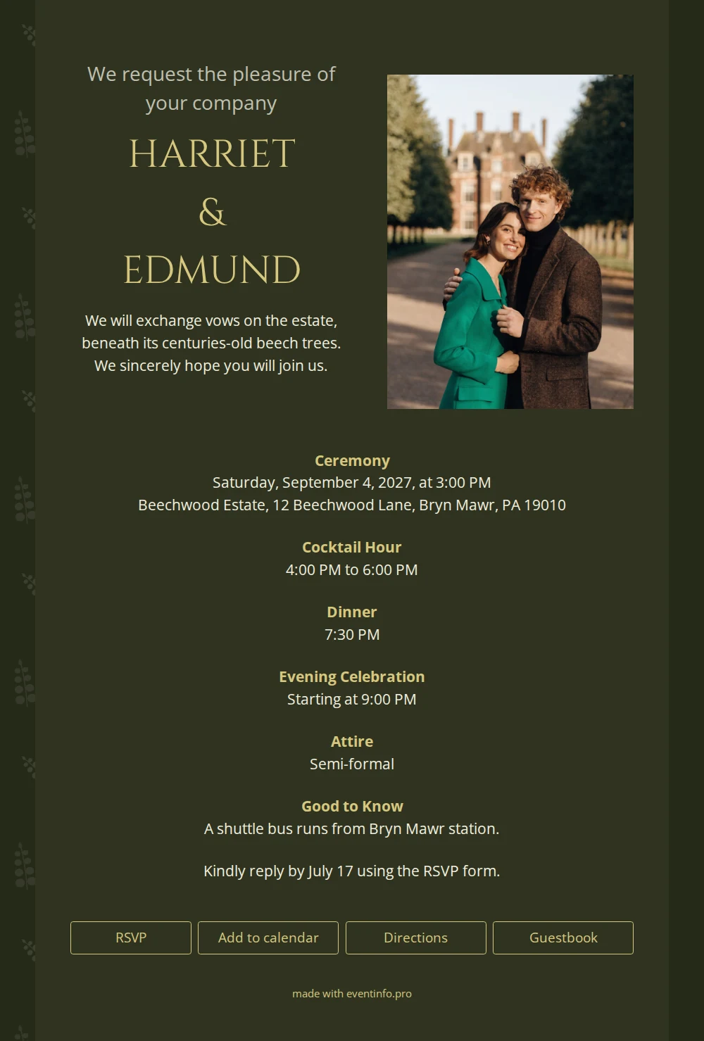 Olive green estate wedding card in gold &ndash; example 1