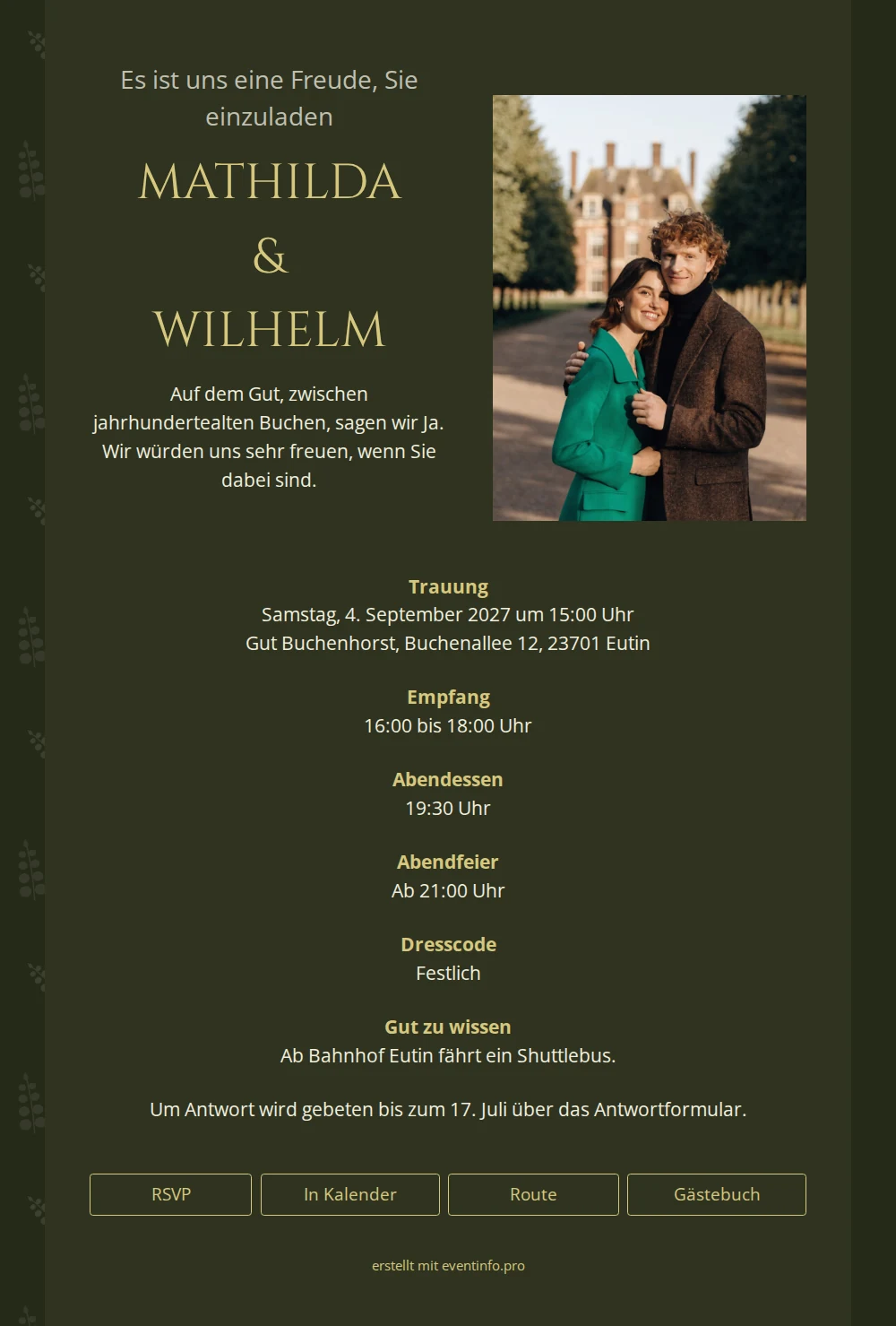 Einladung in Oliv und Gold mit Alleefoto &ndash; example 1