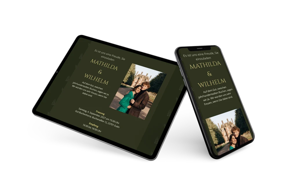 Einladung in Oliv und Gold mit Alleefoto &ndash; example 2