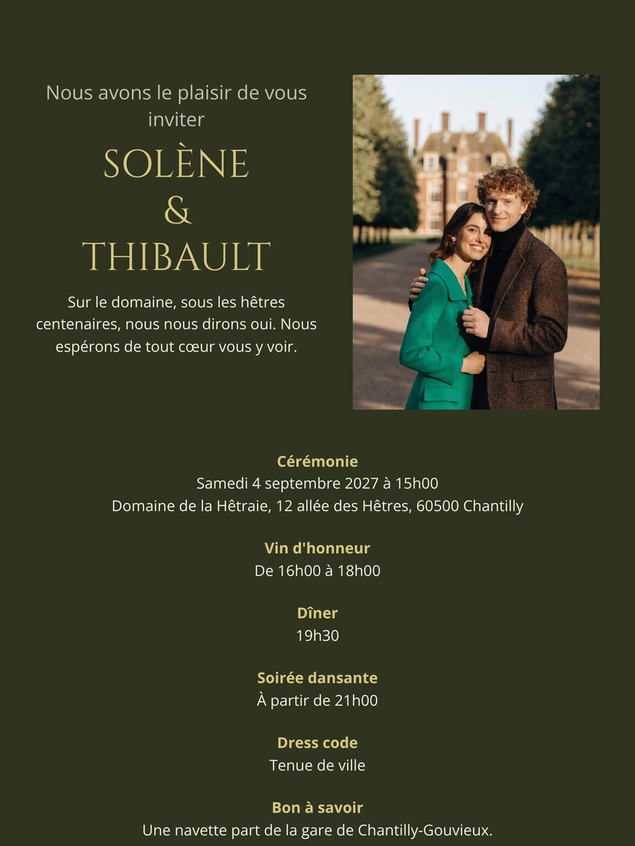 Faire-part sombre olive et or avec portrait