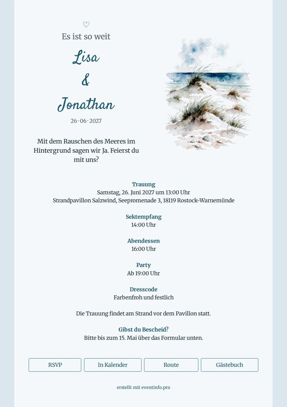 Strand-Hochzeitseinladung mit Dünenmotiv online erstellen &ndash; example 1