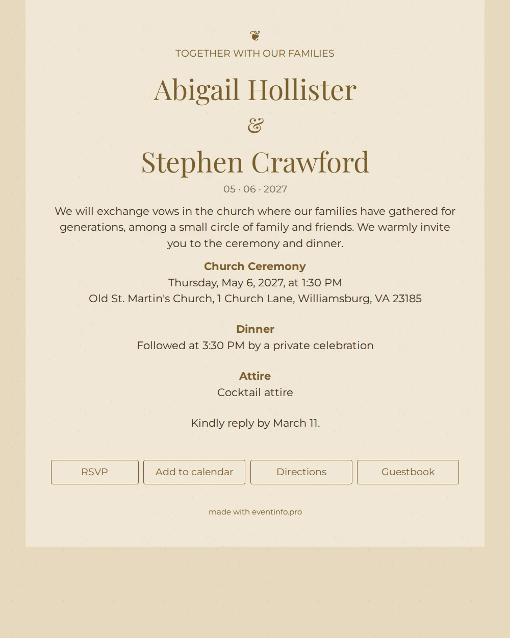 Send an elegant champagne-toned wedding invitation &ndash; example 1